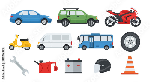 Diverse vector vehicle set cars, motorcycles, buses, and vans. Includes automotive parts, tools, and road safety items for transportation designs