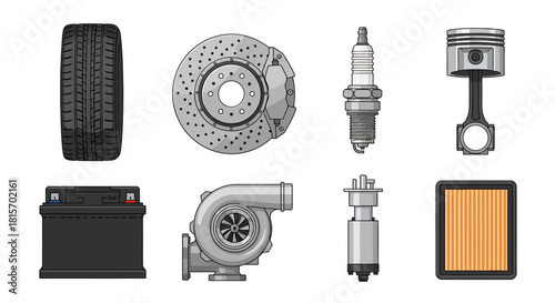 A detailed collection of essential automotive spare parts for vehicle service, maintenance, and performance upgrades