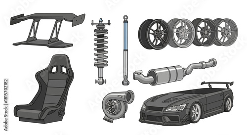 Automotive Parts and Components A Detailed Illustration of Car Upgrades and Accessories