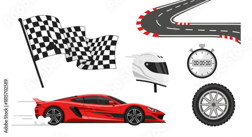 Racing Icons Checkered Flags, Race Cars, and More - A Vector Illustration