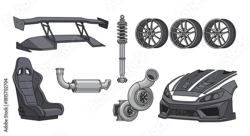 Collection of automotive performance and custom car parts including spoiler, shock absorber, wheels, seat, exhaust, turbocharger, and front bumper
