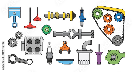 A colorful collection of car engine components and spare parts. Vector line art illustrations for automotive repair and vehicle service
