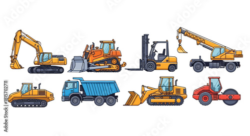 Collection of construction vehicles, including excavators, bulldozers, dump trucks, forklifts, and road rollers, for industrial and heavy machinery concepts