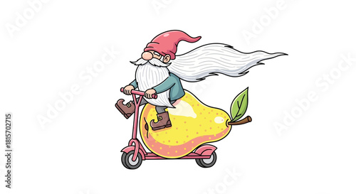A whimsical cartoon gnome with a long flowing white beard riding a fun scooter made from a yellow pear.