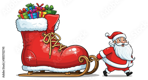 Santa Claus pulling a giant red boot filled with colorful wrapped Christmas presents.