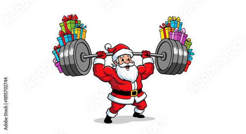 A strong Santa Claus lifting a heavy barbell loaded with many colorful Christmas presents and gift boxes, showcasing festive strength.