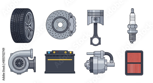 Comprehensive set of detailed automotive parts vector illustrations, showcasing essential vehicle components like engine elements, brake disc, battery, and tire for repair and maintenance projects