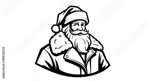 A black and white line art illustration of a rugged Santa Claus wearing a biker jacket and winter hat.