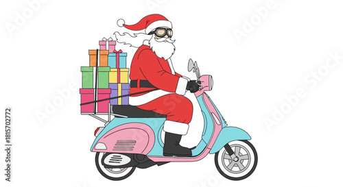 Santa Claus, wearing goggles, rides a scooter, delivering colorful gifts for Christmas.