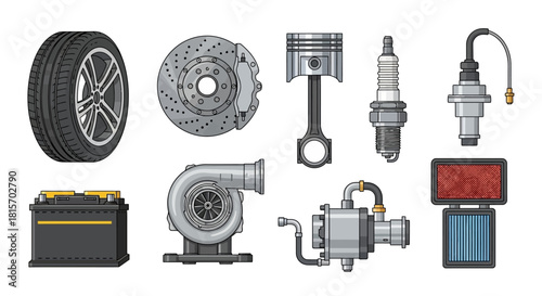 Collection of Automotive Components Tires, Pistons, and More - A Detailed Illustration Set