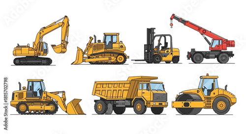 A comprehensive collection of diverse heavy construction machinery and industrial equipment for building, earthmoving, and material handling operations on various job sites in line art style