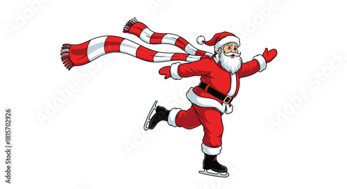 Santa Claus ice skating with a red and white scarf, enjoying winter sports.