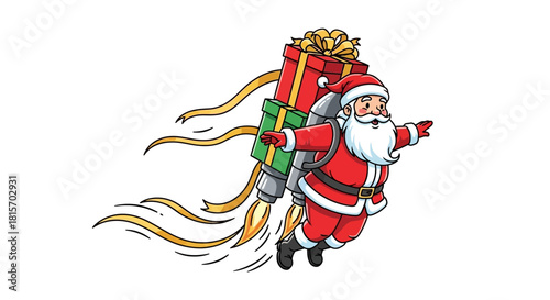 Santa Claus flying with a jetpack and a large Christmas gift on his back, delivering presents.