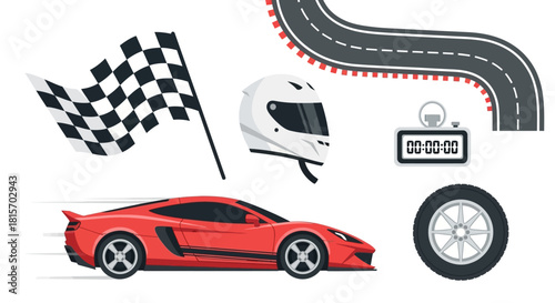 Red racing car and race equipment, including helmet, wheel, and flag