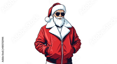 Stylish Santa Claus wearing sunglasses and a red jacket, looking cool and modern.