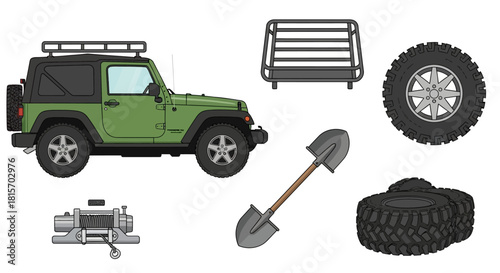 A detailed illustration set of a green off-road utility vehicle with essential adventure equipment like a winch, roof rack, shovel, and rugged tires for overland exploration