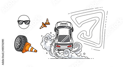 Dynamic illustration of thrilling performance driving a car drifting on a track, with traffic cones, a tire, and sunglasses, representing automotive skill