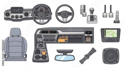 Car interior elements Dashboard, steering wheel, seats, pedals, and other components in a set
