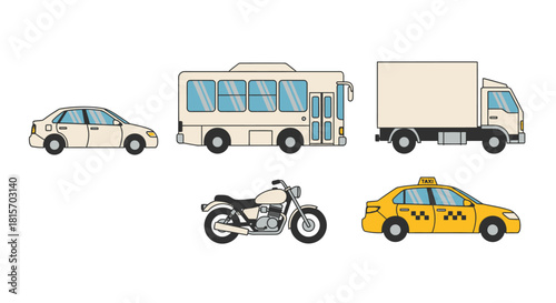 Essential vector collection showcasing diverse land transportation modes including a compact car, public transit bus, delivery truck, personal motorcycle, and city taxi illustration