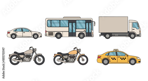 A set of various ground transportation vehicles including a car, bus, truck, taxi, and motorcycles, isolated for urban mobility concepts