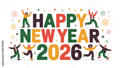 A Vibrant New Year Celebration: People rejoice with excitement. This illustration beautifully captures the spirit of new beginnings with colorful fireworks.