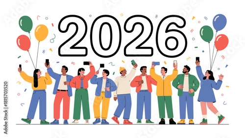 2026 Celebration: Diverse group raises phones and toasts to the new year with balloons and confetti, capturing a moment of unity and excitement.