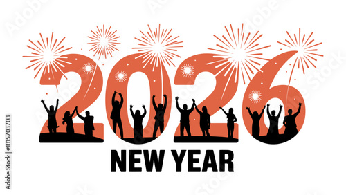 New Year's Eve 2026 Celebration: Illustrative composition showcasing the arrival of the New Year, incorporating celebratory elements such as fireworks and silhouettes of revelers.