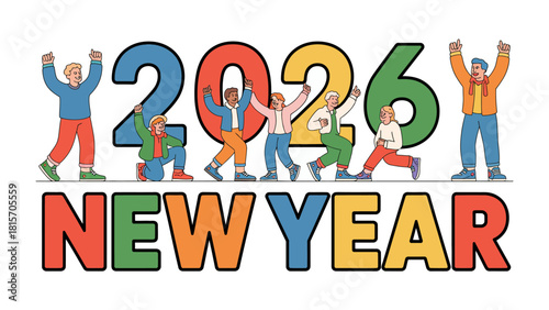 Colorful New Year 2026 Celebration: A vibrant illustration captures the joyous spirit of a new year celebration, the year 2026. Figures of various figures are dancing together.