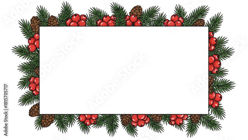 Festive Winter Holiday Frame with Evergreen Branches, Red Berries, and Pine Cones for Seasonal Greetings