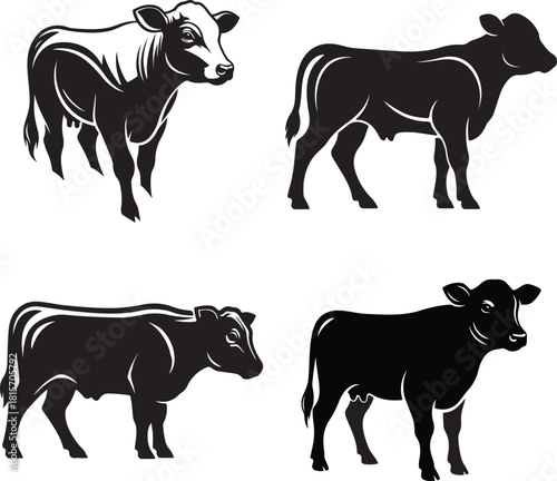 Black and white cow and calf silhouette vector illustration set with other farm animals like bull, sheep, and pig for agriculture icon design