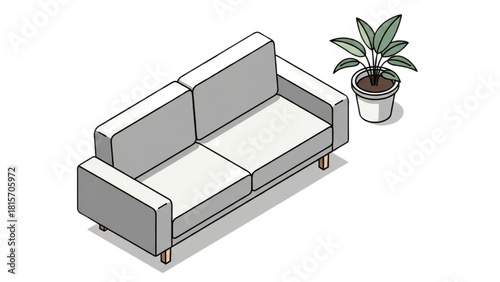 A clean isometric illustration featuring a comfortable two-seater sofa next to a vibrant green houseplant, ideal for home decor and interior design concepts