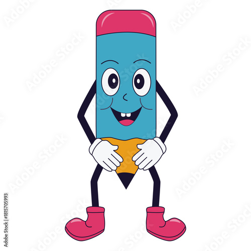 Groovy School Equipment Cartoon Character. Isolated Vector Illustration