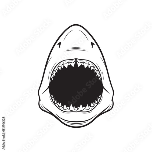 A stark, black and white illustration of a shark's head with its mouth wide open, revealing rows of sharp teeth.