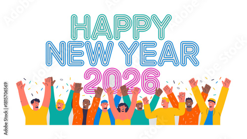 New Year Celebration 2026: A vibrant and diverse group of individuals united in joyous celebration, welcoming the dawn of 2026 with open arms and exuberant spirits, embodying unity, togetherness.