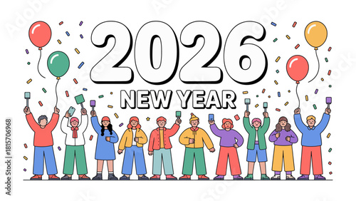 Cheers to 2026: A vibrant illustration depicts a diverse group of individuals raising glasses in a joyous celebration of the New Year, surrounded by festive balloons and confetti. 