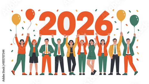 Celebration of 2026: A diverse group of individuals stand together, lifting the number '2026', with balloons. Capturing the spirit of unity, anticipation, and looking forward to the future.