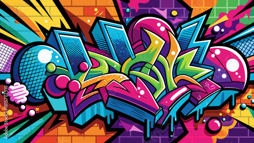 Pop art background on the wall, abstract vector colorful pattern wallpaper, hand-drawn spray paint texture, bold graffiti style, vibrant urban art aesthetic