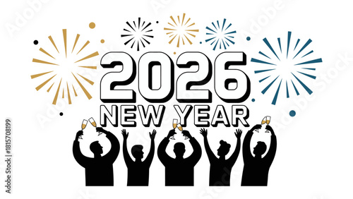 2026 New Year Celebration: A vibrant and celebratory illustration of the upcoming year, featuring fireworks, cheers and a lively gathering celebrating the dawn of 2026.