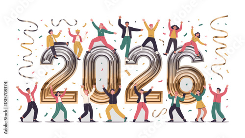 Enthusiastic Celebration of 2026: A vibrant ensemble of individuals joyfully celebrate the arrival of the new year, embodying the spirit of hope and anticipation.