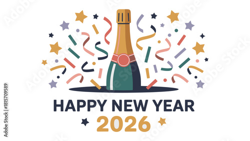 New Year's Celebration in 2026: An illustrated depiction of a celebratory New Year's event, with a champagne bottle, confetti, and celebratory text to welcome the year 2026.