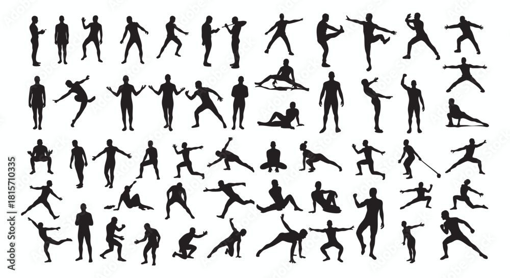 Naklejka premium Collection of Human Silhouettes in Various Poses for Fitness, Exercise, and Movement Concepts, perfect for Design