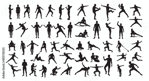 Collection of Human Silhouettes in Various Poses for Fitness, Exercise, and Movement Concepts, perfect for Design