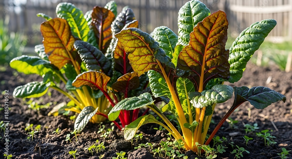 Fototapeta premium Rainbow Chard Growing in Garden Colorful with Fresh Vegetables, and Organic Food.
