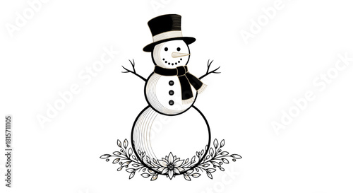Whimsical Snowman: A delightful illustration of a snowman wearing a top hat and scarf, standing amidst a bed of floral embellishments, embodying winter charm.