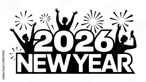 New Year 2026 Celebration: A vibrant silhouette illustration of a New Year's celebration in 2026, filled with fireworks and joyful figures. Capturing the spirit of new beginnings.