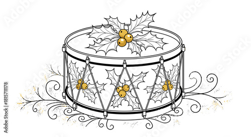 Holiday Drum Illustration: A festive holiday illustration presents a beautifully adorned drum, embellished with delicate holly leaves and golden berries. A blend of artistic design.