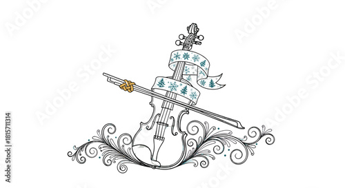 Musical Serenade: A delicate illustration captures the grace of music with an elegant violin gracefully adorned with a ribbon and embellishments. The image evokes a sense of tranquility.
