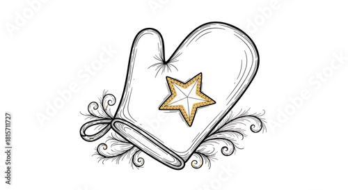 Ornamental Oven Mitt: A delicately drawn oven mitt, featuring a star design and ornate detailing, evokes a sense of culinary artistry and festive warmth.