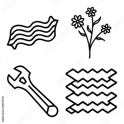 Collection of Four Outline Icons: Wavy Horizontal Banner, Small Flowering Plant Stem, Adjustable Wrench Tool, and Stacked Zigzag/Wavy Sheets
