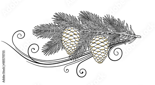 Pinecone Delight: An illustration featuring a graceful pine branch adorned with delicate pinecones, the image evokes a sense of natural artistry and serene beauty.